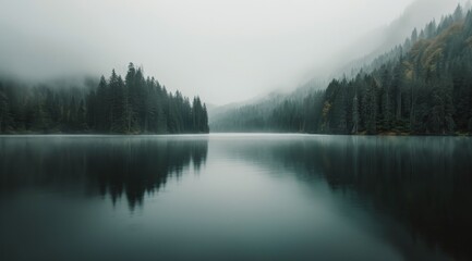 Obraz premium Misty Morning Reflections Over Tranquil Lake Surrounded By Pine Forest In Autumn