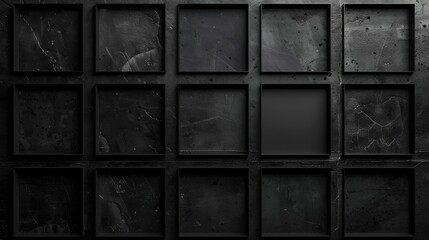 Naklejka premium Textured black surface with a grid of recessed squares, some of which are empty and one of which is filled with a darker shade