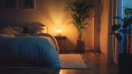 Cozy, dimly lit bedroom with a bed, a bedside table, a lamp, a plant, and a woven basket