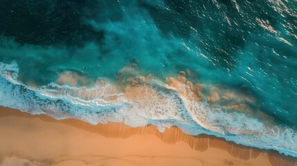 An aerial view of a wave crashing on a sandy beach, the water is a deep blue with white foam and the sand is a light brown.