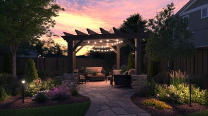 A patio with a pergola and lights in the evening, AI