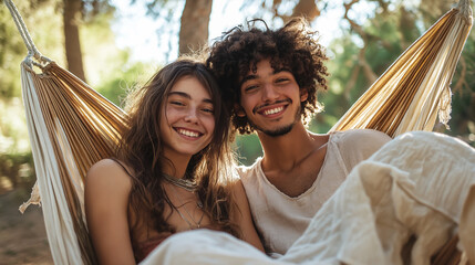 Young Couple Enjoying a Relaxing Moment in a Hammock Outdoors