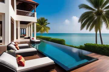 Fototapeta premium Modern living swimming pool in resort, Hotel, Palm trees