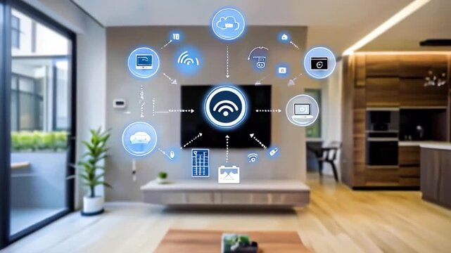 A modern smart home living room featuring integrated Wi-Fi control for various devices, including TV, security, lighting, and appliances, showcased through an interactive central hub