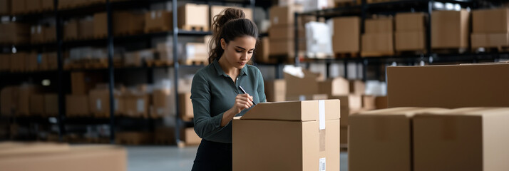 a young woman in a warehouse setting, carefully labeling or writing on a cardboard box, businesswoman, small business owner holding pen writing addressee details on cardboard box