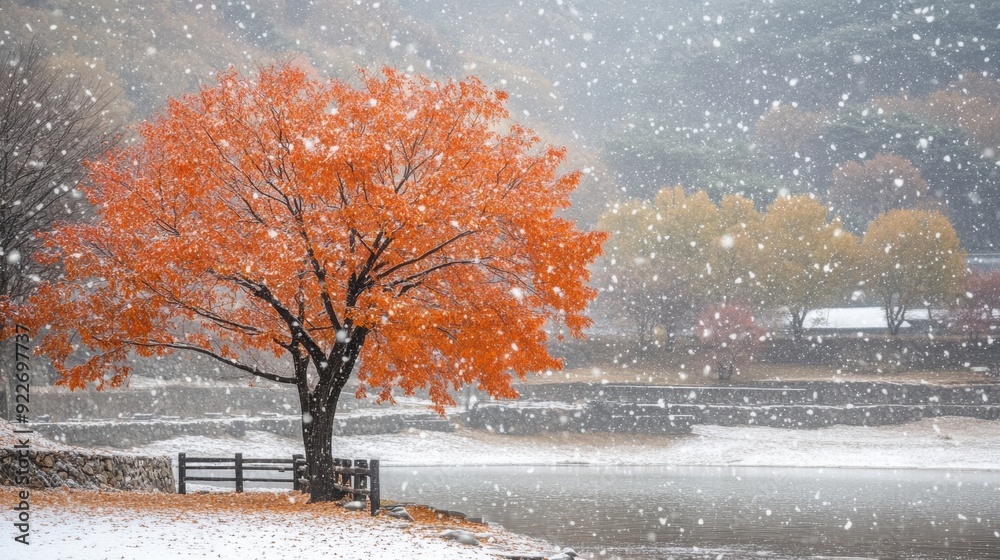 Poster A tree in the snow with a fence and lake, AI