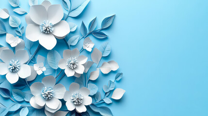 Elegant White Paper Flowers on Light Blue Background, Delicate Origami Blooms, Tranquil Nature-Inspired Papercraft, Blooming Botanical Art, Artistic Floral Composition for Design and Decor