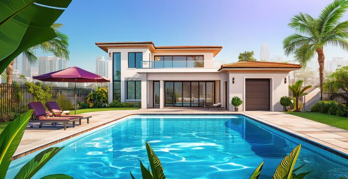Front villa exterior with modern swimming pool. Suburban mansion building with garage and city view. Residential family cottage in Florida village. American neighborhood residence with back yard