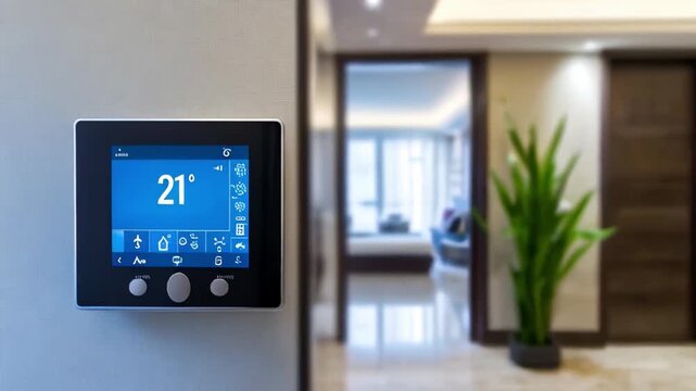 smart home thermostat with digital display set to 21&deg;C. device is mounted on wall in modern home, highlighting various control options for temperature and home automation.system on intelligence screen