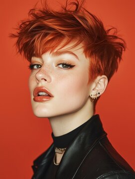 A model with a pixie cut, a vibrant red copper hair color