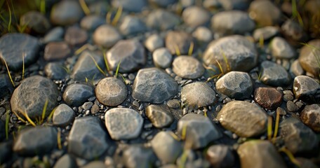 Natural Pebbles With Grass on a Riverbank at Sunset