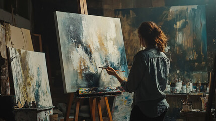 Female artist painting on canvas in art studio. Back view of young female artist working on new masterpiece. Art, creativity and occupation concept