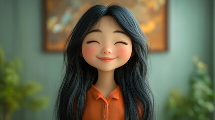 Obraz premium 3D Rendered Smiling Asian Cartoon Woman with Long Black Hair in Orange Shirt on Light Background Representing Positive Emotions, Happiness, and Youthful Joy