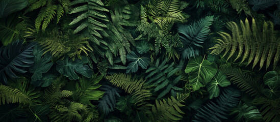 A dense backdrop of various ferns, with their intricate leaves creating stunning green patterns