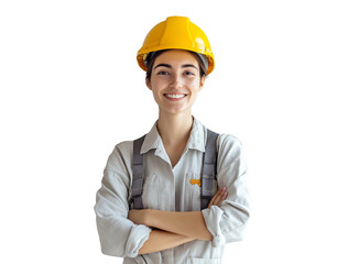 smiling female worker in safety helmet with crossed arms
