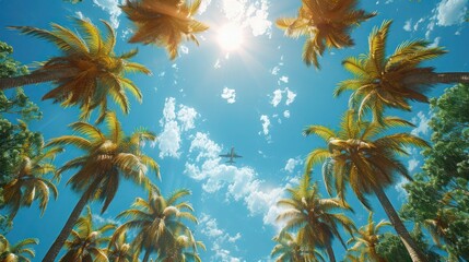 Arial View of palm trees against a clear sky with an aircraft flying overhead in Beverly Hills, Los Angeles, California. A scene the iconic palms and sunny