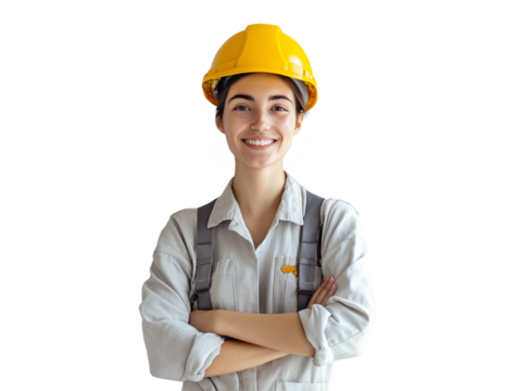 smiling female worker in safety helmet with crossed arms