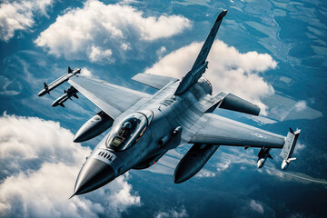 F-16 fighting falcon flying above the clouds