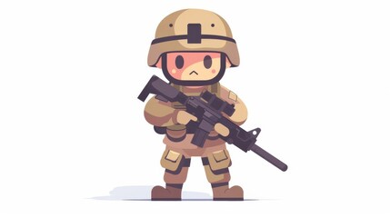 Chibi soldier, occupation character, flat design illustration, strong, isolated on white background