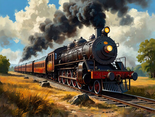 Obraz premium Oil digital paintings landscape, old steam locomotive. Fine art. 