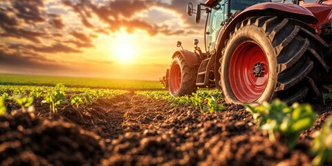 Red tractor working on the field at sunset with dramatic sky