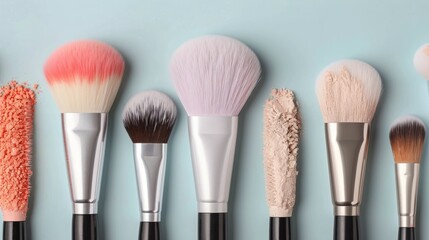 Different Makeup Brushes Organized on a Light Blue Background