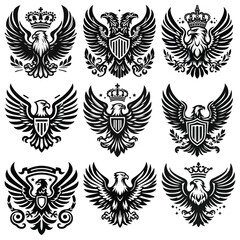 Fototapeta premium Royal eagle heraldic symbols, black and white illustrations, perfect for regal emblems and crests