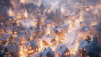 Obraz premium Snowy festive village with cozy houses and decorated roofs under twinkling lights....