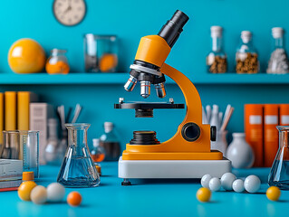 Podium background science lab product display 3D microscope stand school supplies. Back to school podium with a science theme, featuring lab equipment and books, promoting STEM education.