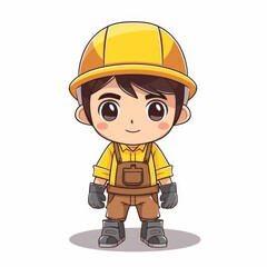 Chibi construction worker, occupation character, flat design illustration, hardworking, isolated on white background