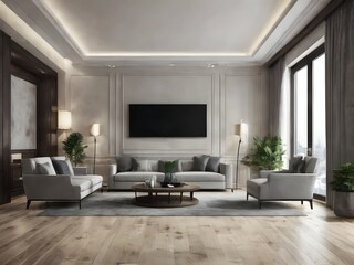 living room interior with tv and big sofa