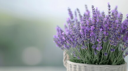 Naklejka premium Lavender Bouquet in Woven Basket Beside Decorative Pillow