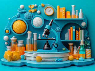 Podium background science lab product display 3D microscope stand school supplies. Back to school podium with a science theme, featuring lab equipment and books, promoting STEM education.