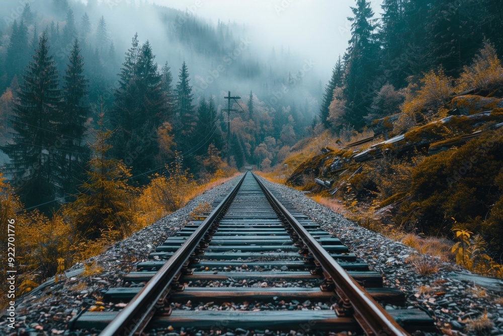 Poster a train track runs through a dense forest, surrounded by trees and foliage