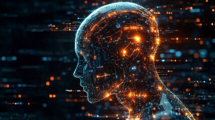 A digital representation of a human head with glowing circuitry and data flow.