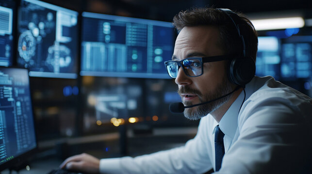 Serious call center operator in headset working in front of computer monitors