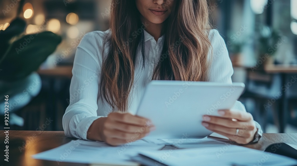 Poster woman working on a tablet computer at a table