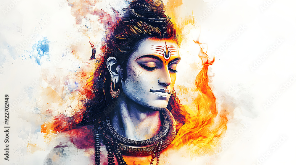 Wall mural beautiful digital painting of lord shiva with a third eye and flames of wisdom on white background.