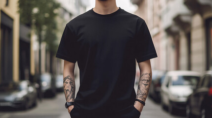 Young tattooed man in black t-shirt standing on the street. T-shirt Mockup
