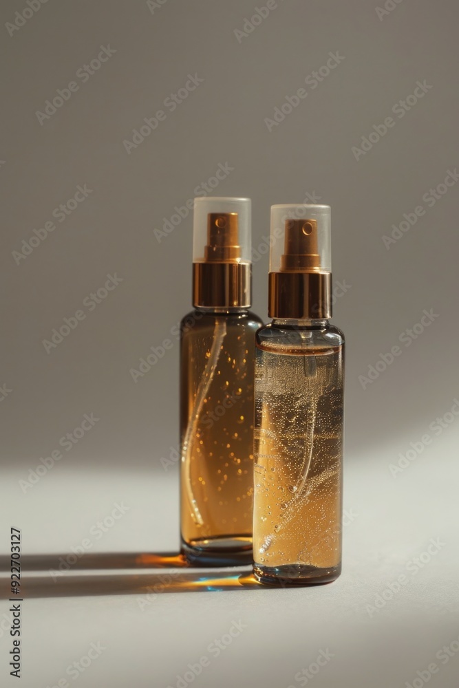 Poster a pair of bottles sits on a table, awaiting use