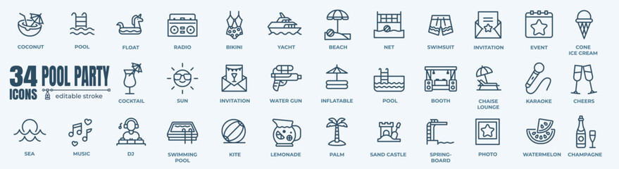 Pool summer party icon collection. Outline symbol collection. Editable vector stroke. 64x64 Pixel Perfect.