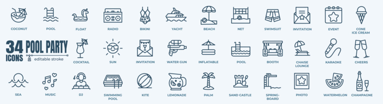 Pool summer party icon collection. Outline symbol collection. Editable vector stroke. 64x64 Pixel Perfect.