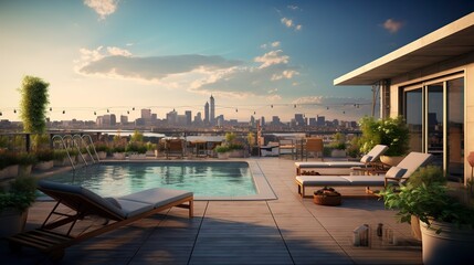 Fototapeta premium A photo of a rooftop terrace with a pool.