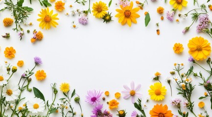 An array of colorful flowers creates a stunning frame against a clean white background, perfect for invitations, greeting cards, or artistic projects that need elegance and beauty
