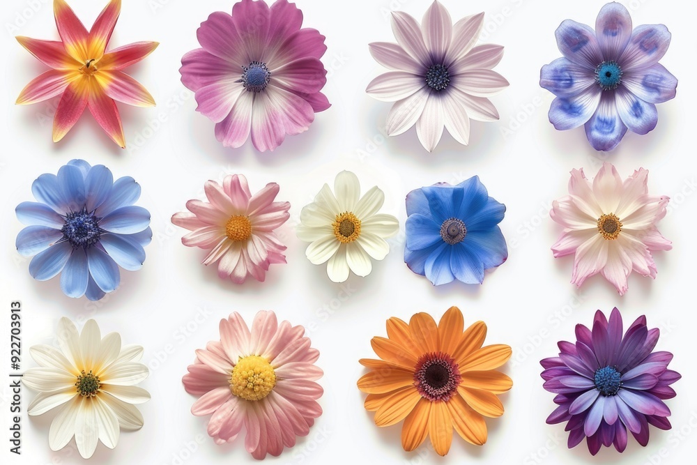 Poster a selection of variously colored flowers arranged on a white background