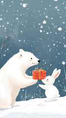 Fototapeta premium &nbsp;a cute white polar bear bringing gifts to his friend that is a bunny