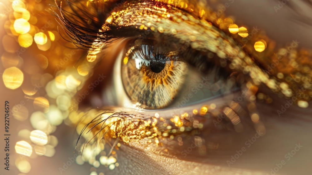 Poster a close-up shot of an eye with glitter applied to the eyelashes and possibly the lid