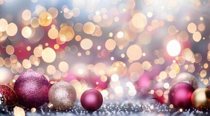 Fototapeta premium Festive Ornaments and Ribbons Decorate a Sparkling Surface During the Holiday Season