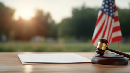 Constitution Day court gavel and papers on a table with an American flag on wooden table
