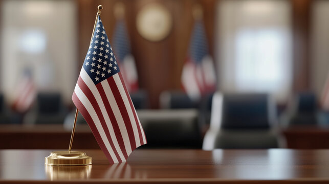 Constitution Day American flag on a table in a courtroom with a blurred background of the judge's bench and chairs